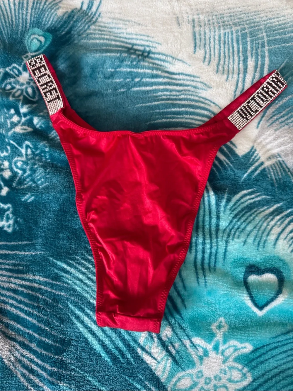 Victoria's Secret Red Satin Thong with Rhinestone Logo Bands